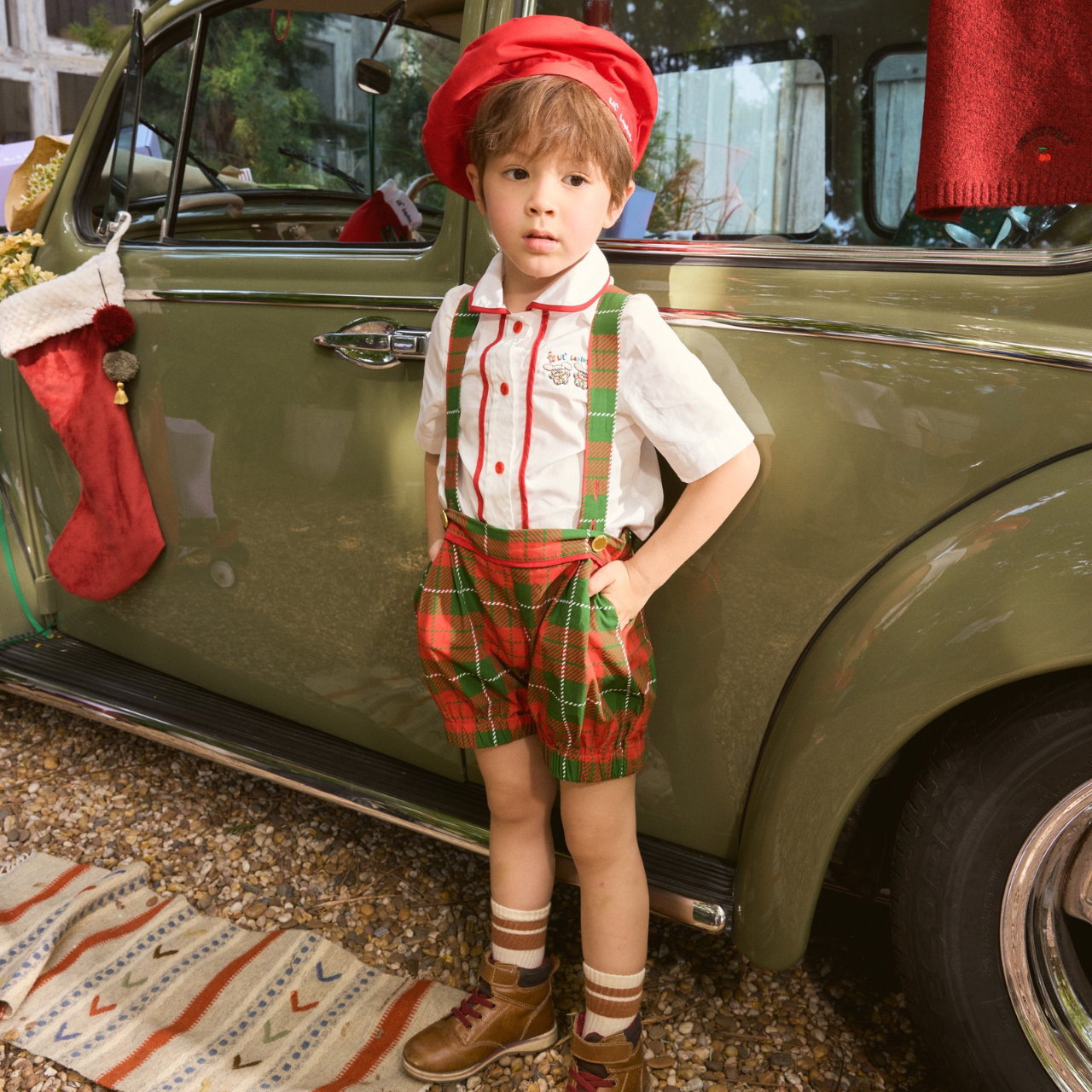 Holiday Hues Tartan Full Set (เสื้อเชิ้ต, กางเกงเอี๊ยม & หมวก) 100% Premium Cotton
