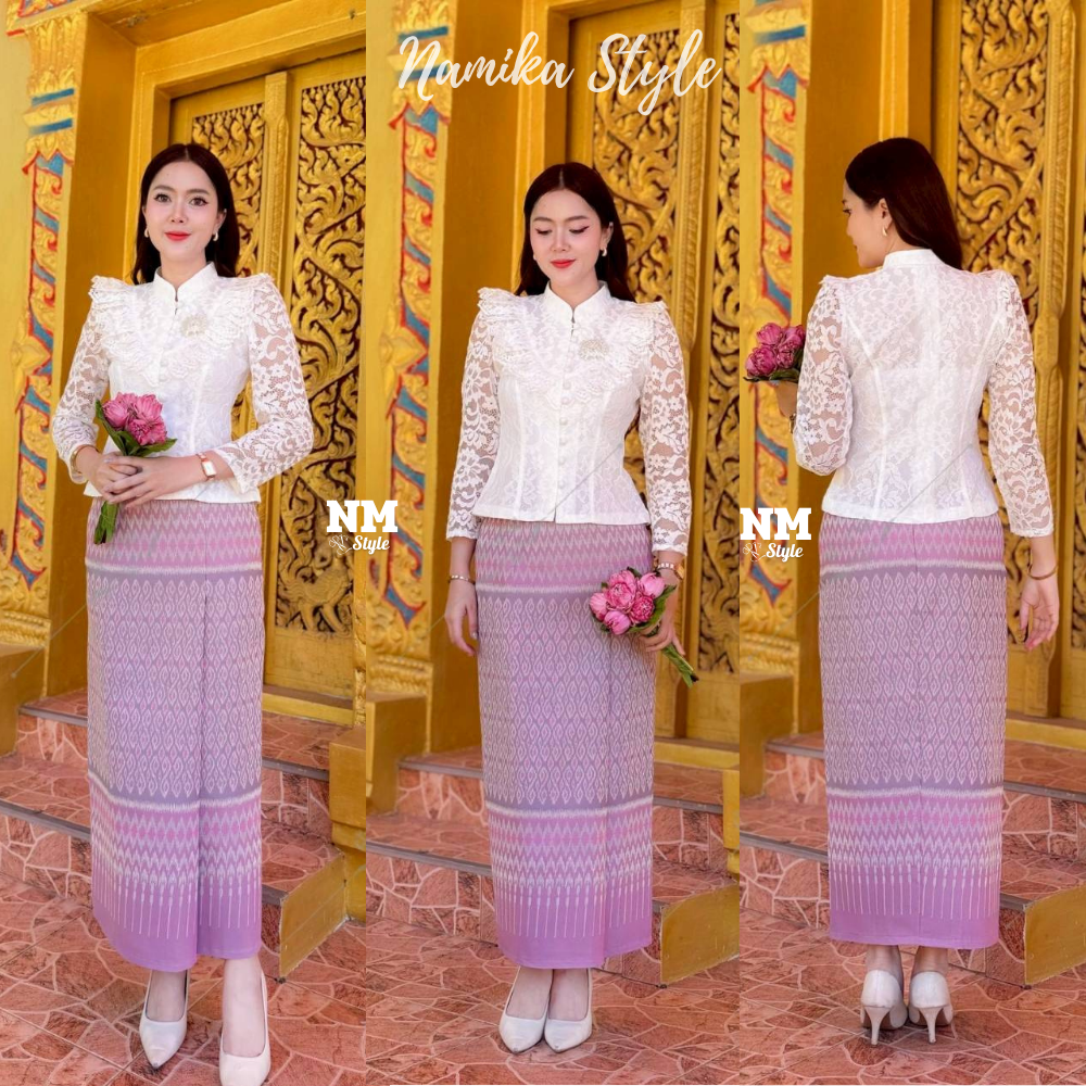 ผ้าถุงผ้าฝ้ายทอลาย ลายขอนารี มี SIZE S-2XL งานป้ายสำเร็จซิปหลัง อัดกาวทั้งผืน ใส่ไปวัดทำบุญสวยมาก