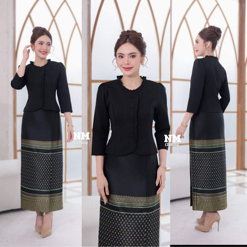 ชุด Set ผ้าไทย  เสื้อผ้าไหมยกลาย+ผ้าถุงผ้าทอลาย อัดกาวซับใน ให้ลุคกุลสตรีที่ดูทันสมัย สง่างามทุกองศา