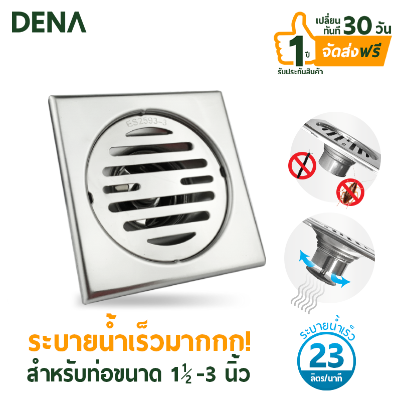 ตะแกรงกันกลิ่นสแตนเลส ทรงเหลี่ยมรุ่นระบายน้ำเร็วสำหรับท่อขนาด1.1/2''-3'' ES-2593-3 ฝาท่อ