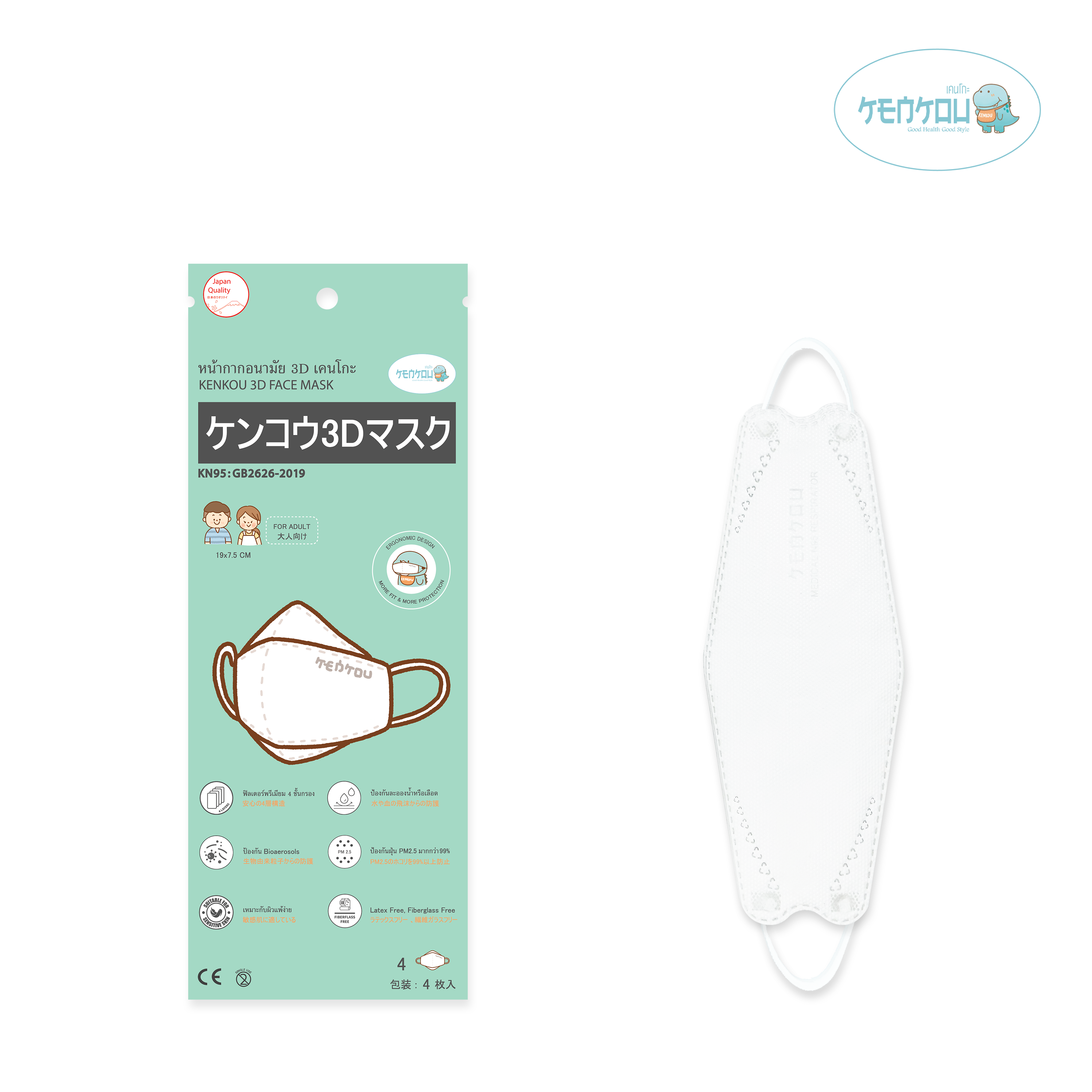 หน้ากากอนามัย 3D เคนโกะ สำหรับผู้ใหญ่ บรรจุ 4 ชิ้น (KENKOU 3D FACE MASK)
