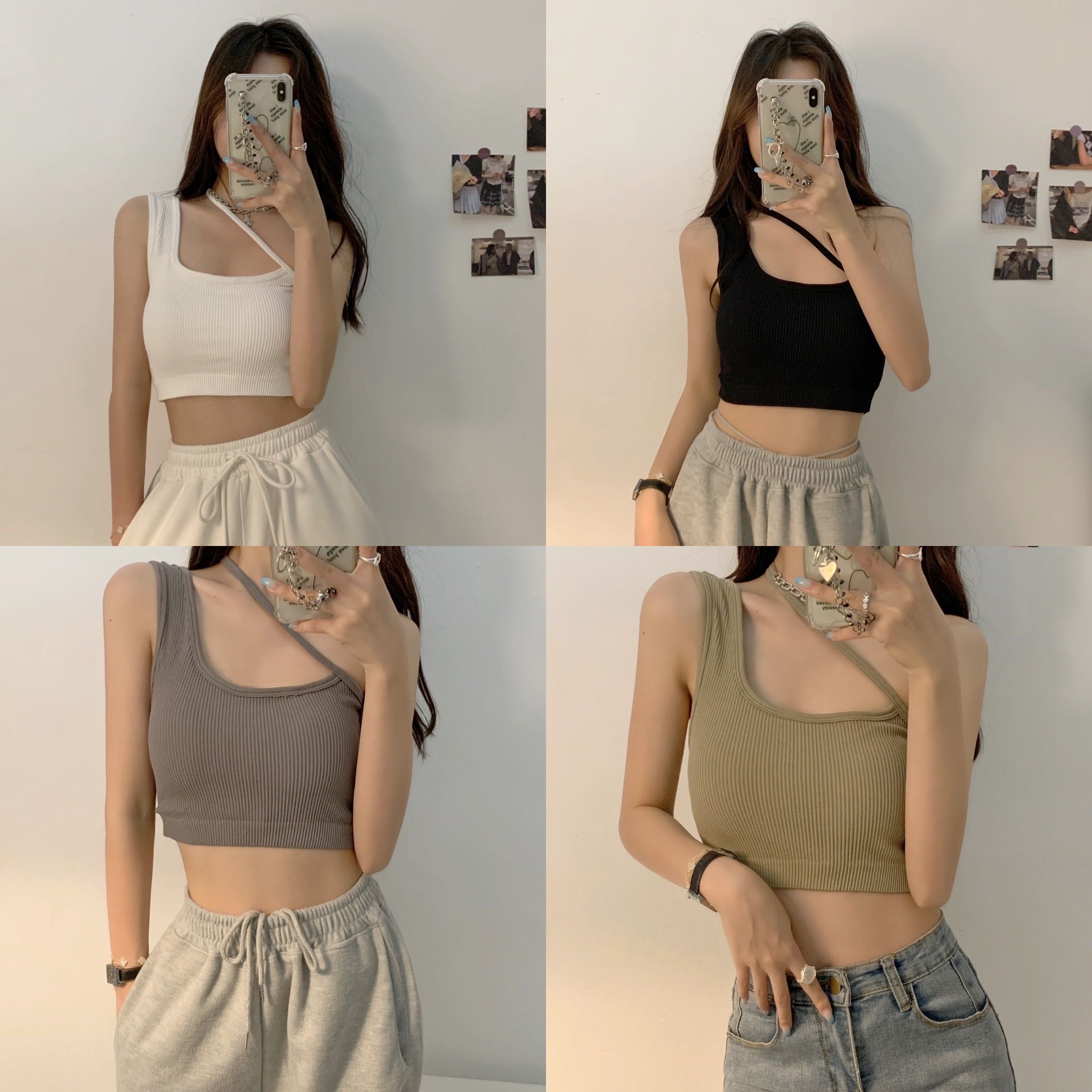 เสื้อครอปสายเดี่ยวปาดไหล่ข้าง ผ้าร่อง มีฟองน้ำ 🥐 •พร้อมส่ง•