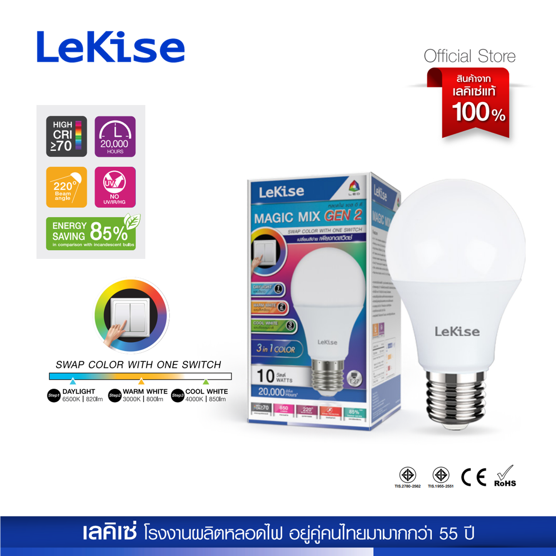 โปร 1แถม1 LeKise หลอดไฟ LED A60 รุ่น MAGIC MIX GEN 2 เปลี่ยนสีได้ 3สี [เฉพาะใน LINE MyShop เท่านั้น]