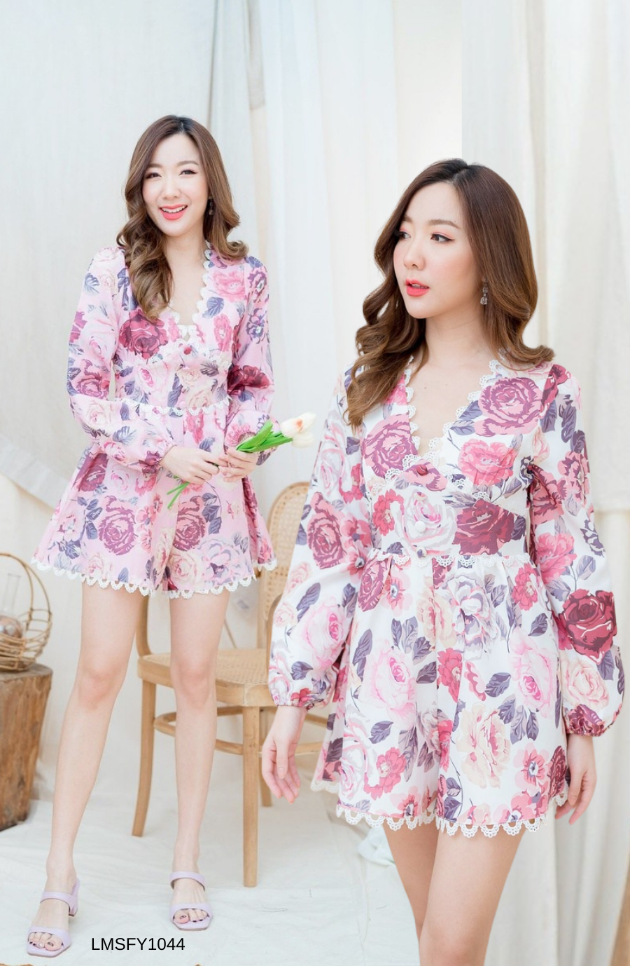 S-2XL จั๊มสูทขาสั้นลายดอก LMSFY1044