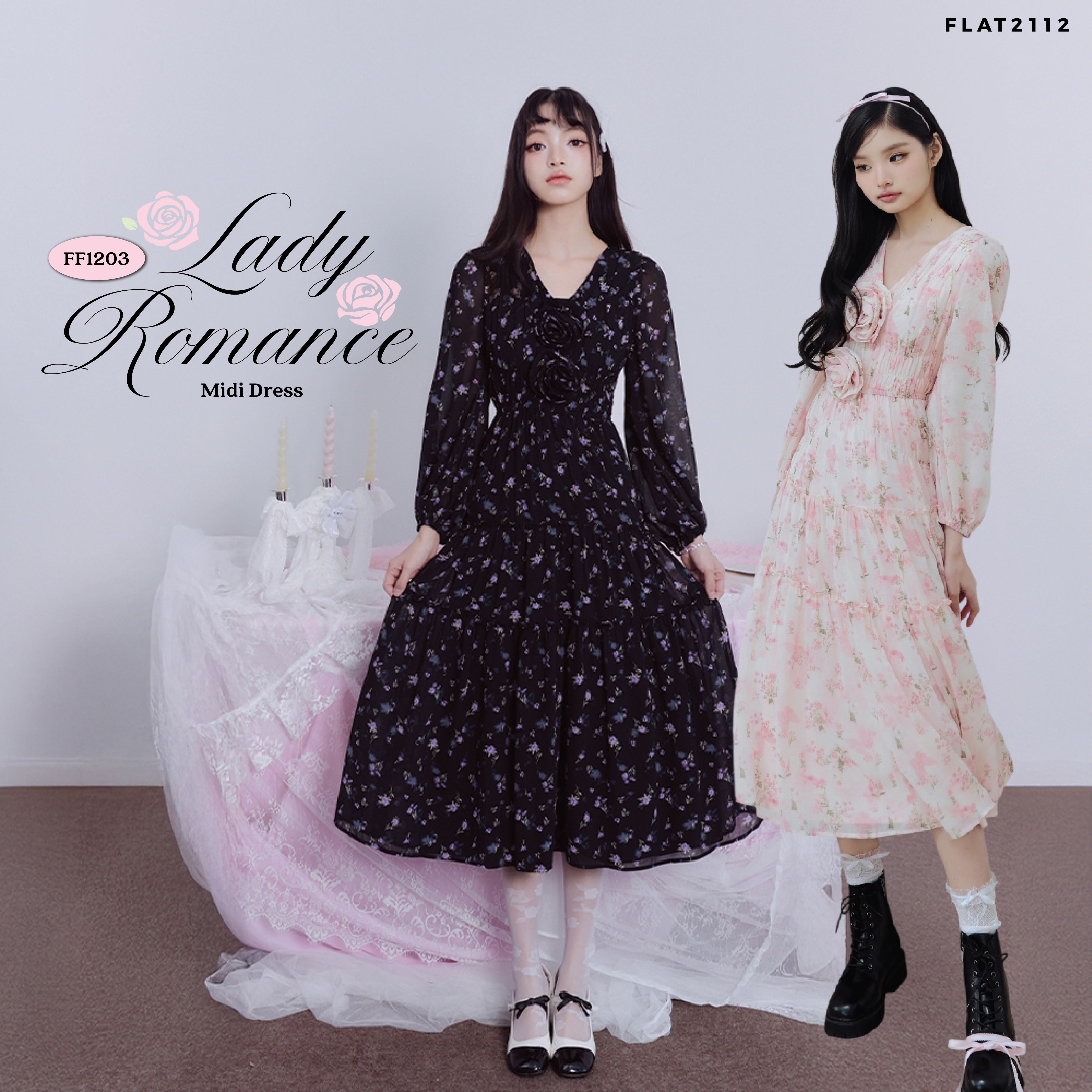 FLAT2112 : LADY ROMANCE MIDI DRESS เดรสยาว โทนสีสุดน่ารัก ลายดอกไม้ เดรสใส่เที่ยว มีพลัสไซซ์(FF1203)