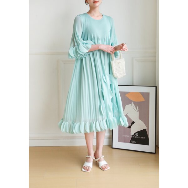 2MUAY รุ่น GJO9015 เดรสพลีทคุณภาพ FLARE SLEEVE PLEATED DRESS 8 สี FREE SIZE