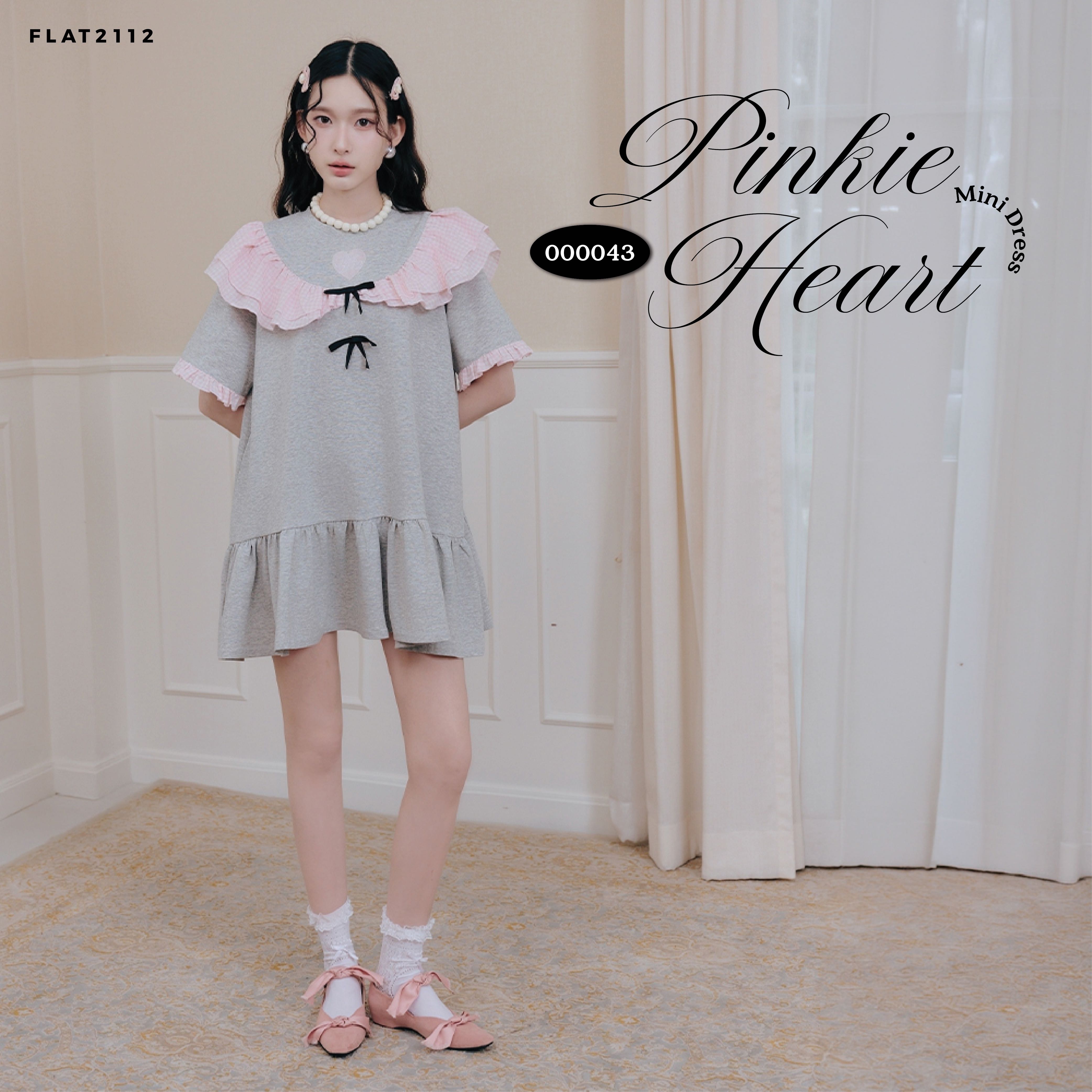 FLAT2112 : PINKIE HEART MINI DRESS มินิเดรสสั้นผ้าสีเทาทรงปล่อย พรางหุ่นสีเทาชมพู (000043)