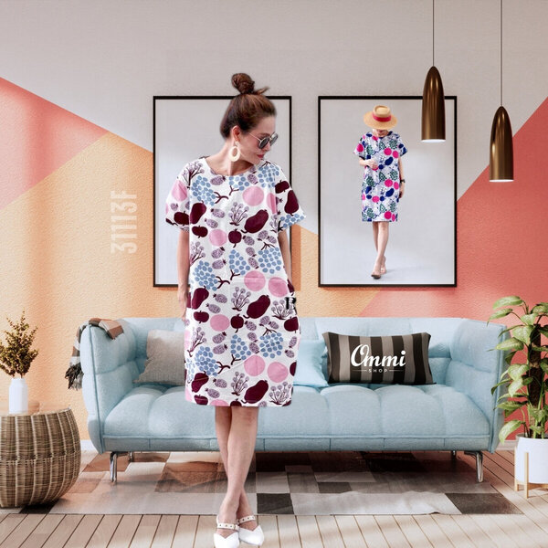 Ommishop 31113F ชุดเดรสแฟชั่น คอกลมแขนสั้น กระโปรงทรงเอ ลายผลไม้ Cotton Japan 100% (Bonus)[31113]