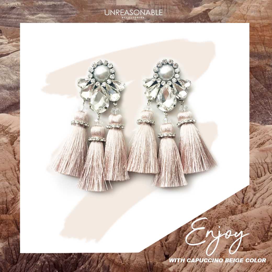ต่างหูพู่ UA0362-02 #Beige #Nude #Drop #Tassel #Earrings
