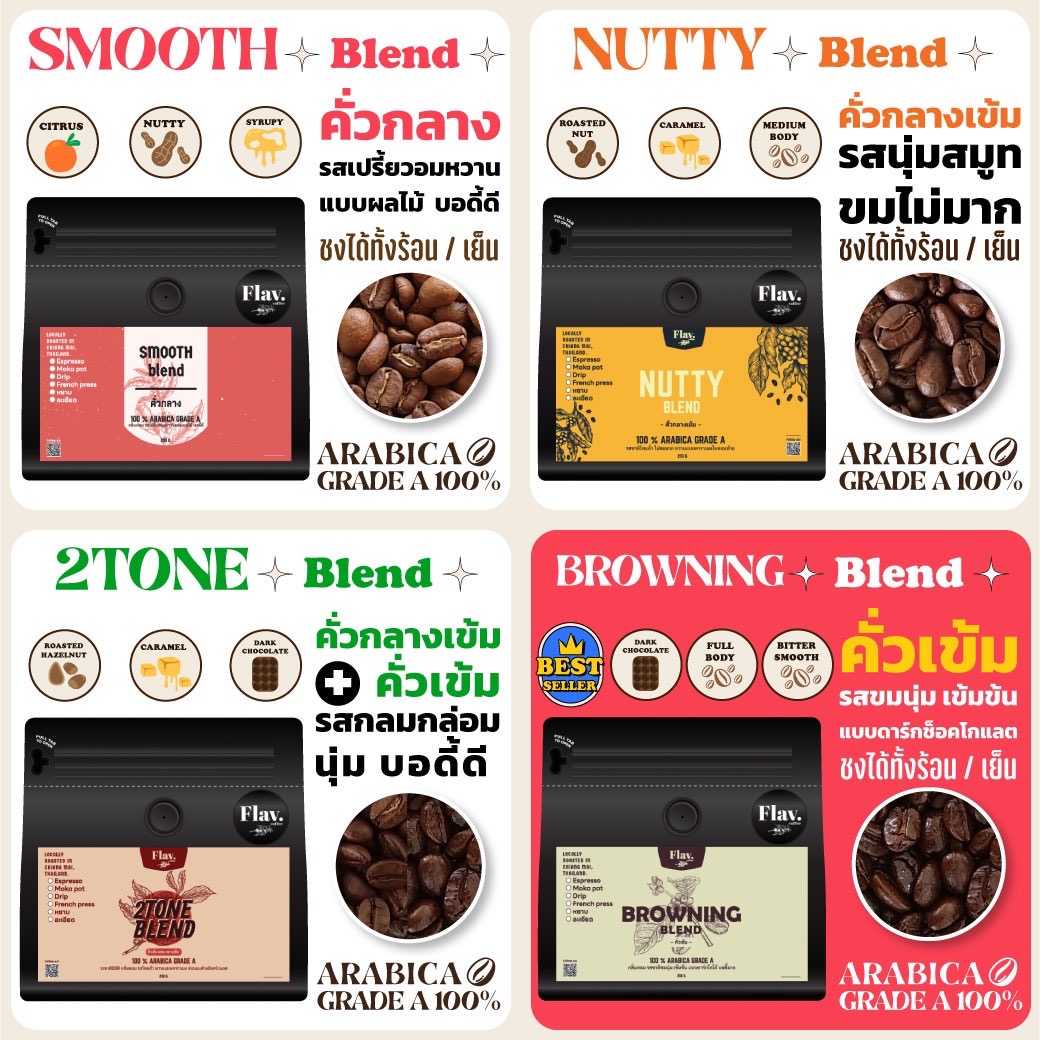 เบลนใหม่ 1 Kg. (4 ถุง) หอมฟุ้งกว่า รสนุ่มกว่าเดิม เมล็ดเกรด A คละระดับคั่วได้ บดฟรี ส่งฟรี