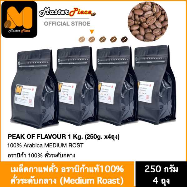 เมล็ดกาแฟคั่ว สูตร Peak Of Flavour (เข้มน้อย) (1กก. = ถุง250ก. x 4 ถุง)
