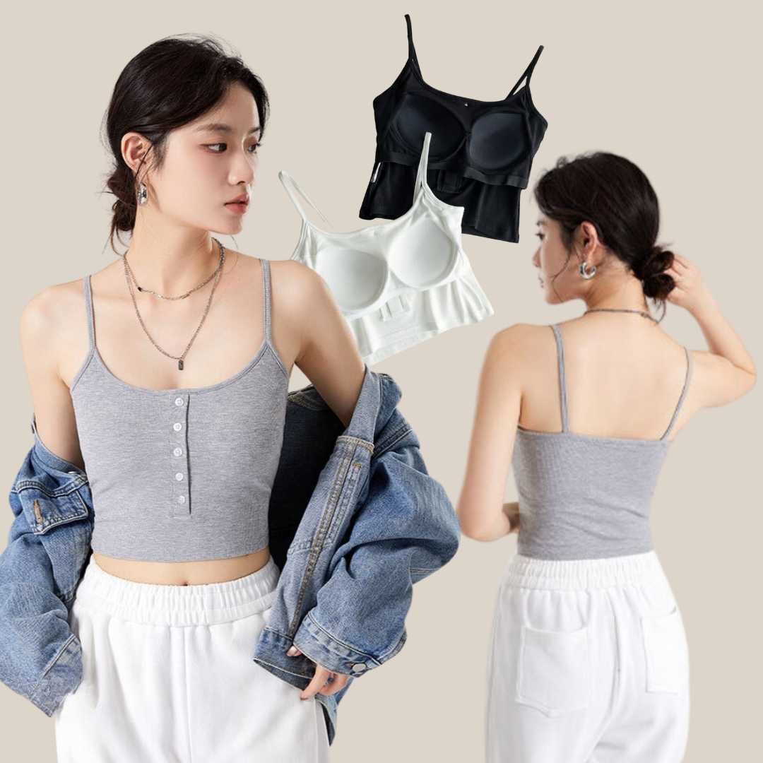 WsimpleBra | Kixi Camisole สายเดี่ยวทรงครอป กระดุมกลางอก มีบราในตัว เลิกใส่ชุดชั้นในและซิลิโคลปิดจุก