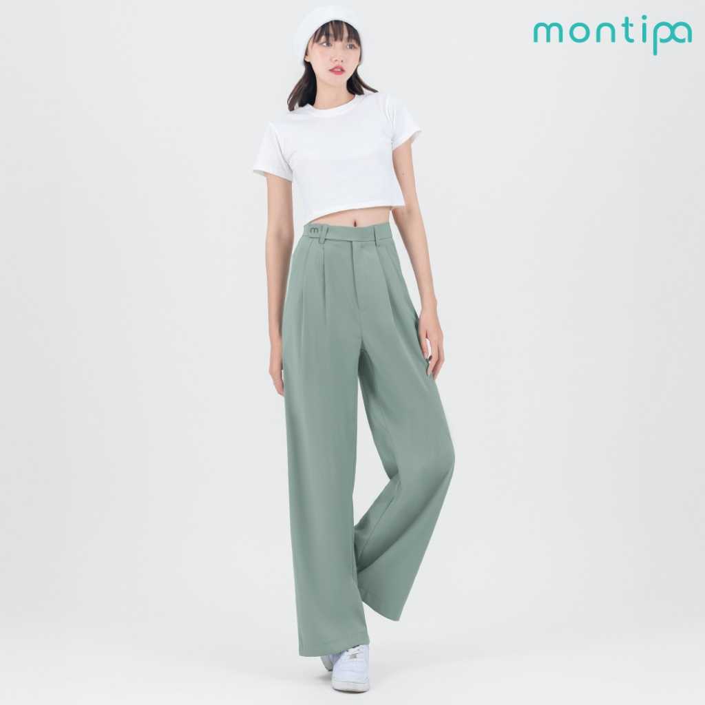 Montipa กางเกงทรงกระบอกใหญ่ ซิปหน้า แต่งขอบเอวยื่น ปักโลโก้ตัว m ผ้า Comfort  45PWL57