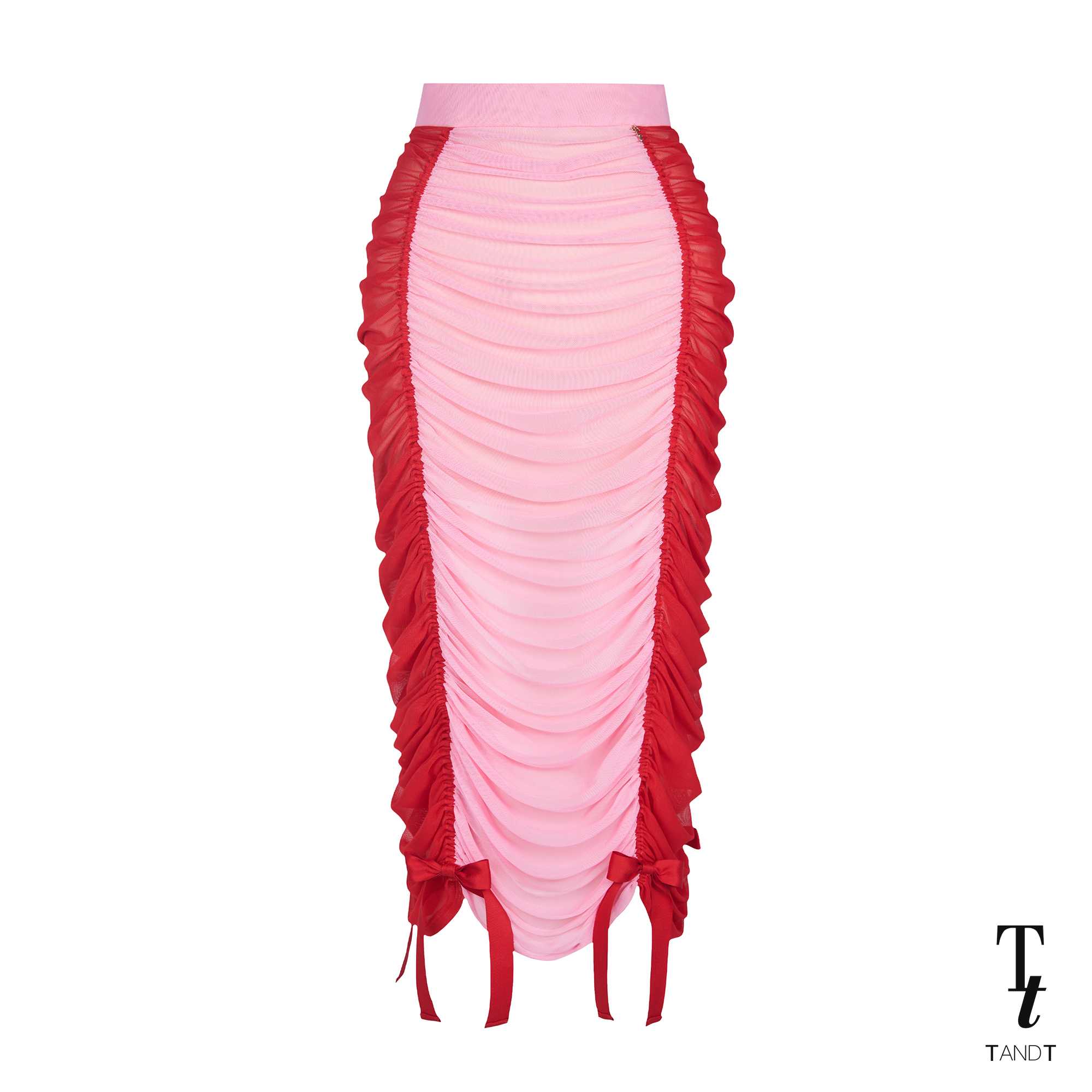 PIA - TWO-TONE RUCHED BOW TRIMMED MIDI SKIRT