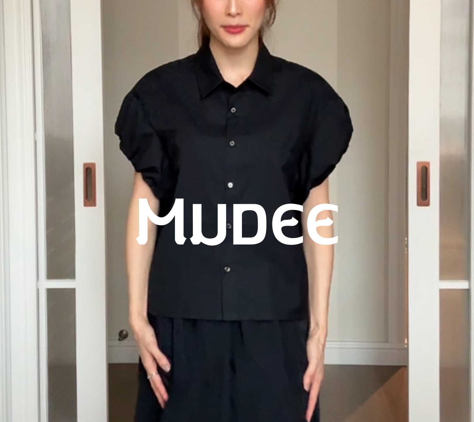 MUDEE เสื้อเชิ้ตคอตตอนแขนสั้นจับจีบสีดำ  BLACK pleated short-sleeved cotton shirt