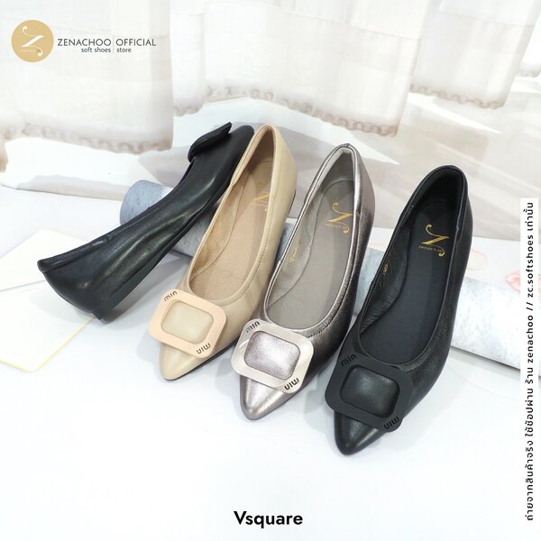 ทรงปกติ:เปลี่ยนไซส์ได้-ไม่รับคืน Zenachoo รุ่น Vsquare สูง 1นิ้ว รองเท้าหนังแกะแท้ หนังนิ่ม พื้นนุ่ม