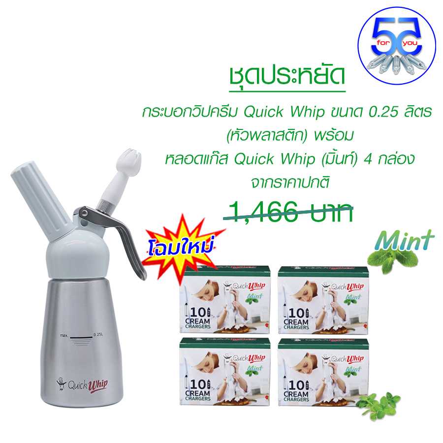 Pro กระบอกวิปครีม (หัวพลาสติก) Quick Whip ขนาด 0.25 ลิตร พร้อมหลอดแก๊สวิปครีม (Mint flavour) 4 กล่อง