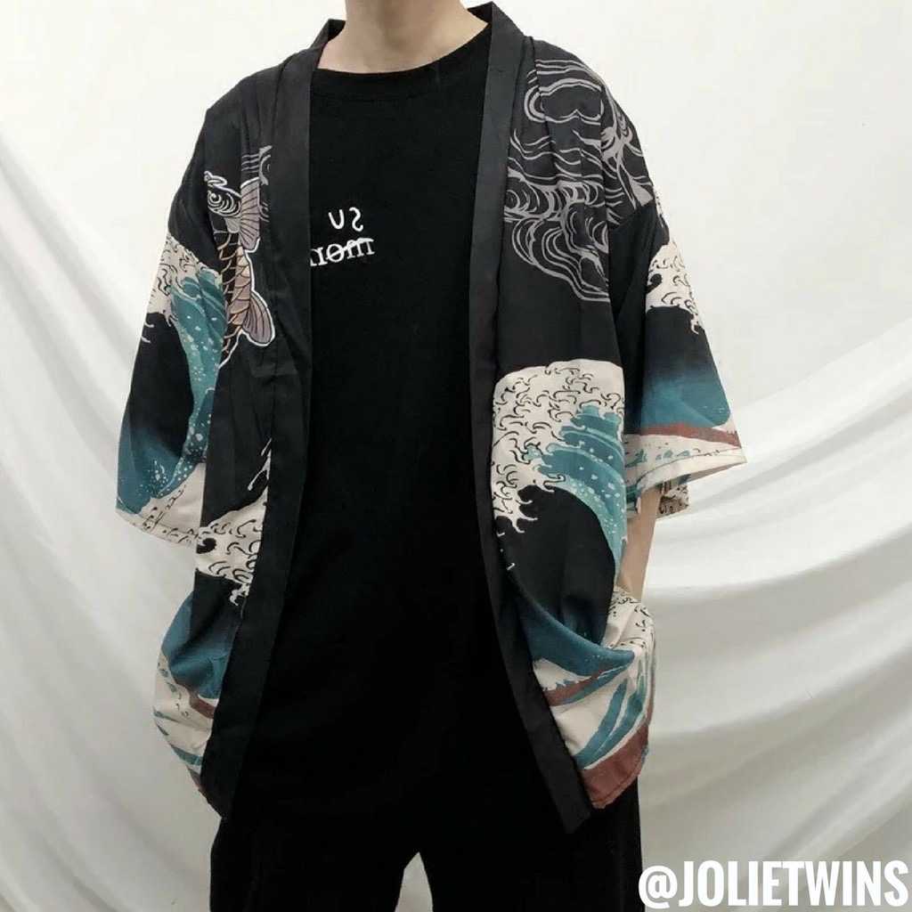 พร้อมส่ง💓 เสื้อคลุมกิโมโน สไตล์ญี่ปุ่น ลายปลาคาร์พคลื่นทะเล สุดคลาสิก