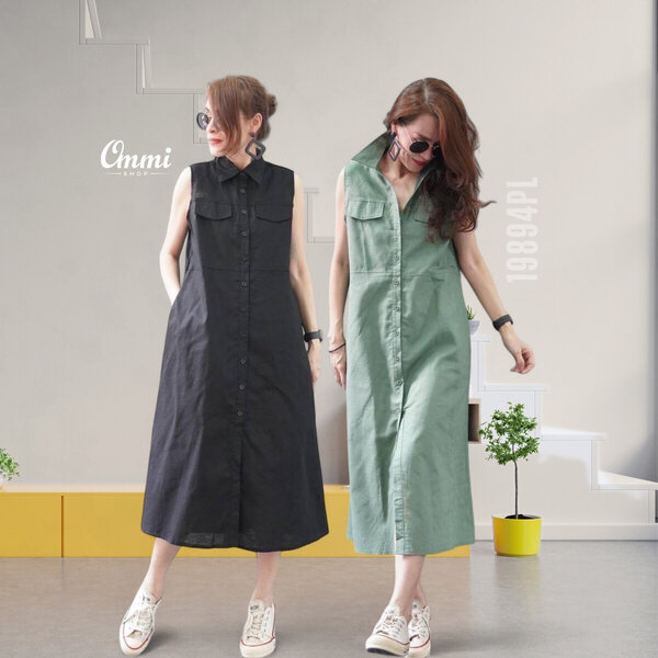 Ommishop 19894PL ชุดเดรสแฟชั่น ผ้าลินิน คอปก แขนกุด กระดุมหน้า (PUP)[19894]