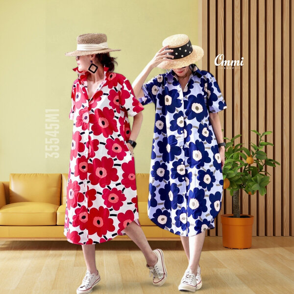 Ommishop 35545M1 ชุดเดรสแฟชั่น ปกเชิ้ตแขนสั้นชายโค้ง ลายดอก Mari มารีเมกโกะ Cotton Japan 100% (Bo...