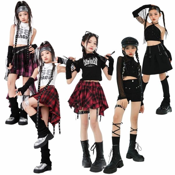 friendly4kid ชุดเต้น สไตล์ ฮิปฮอป jazzdance เสื้อครอป +กระโปรงสก๊อตแดง /กางเกง