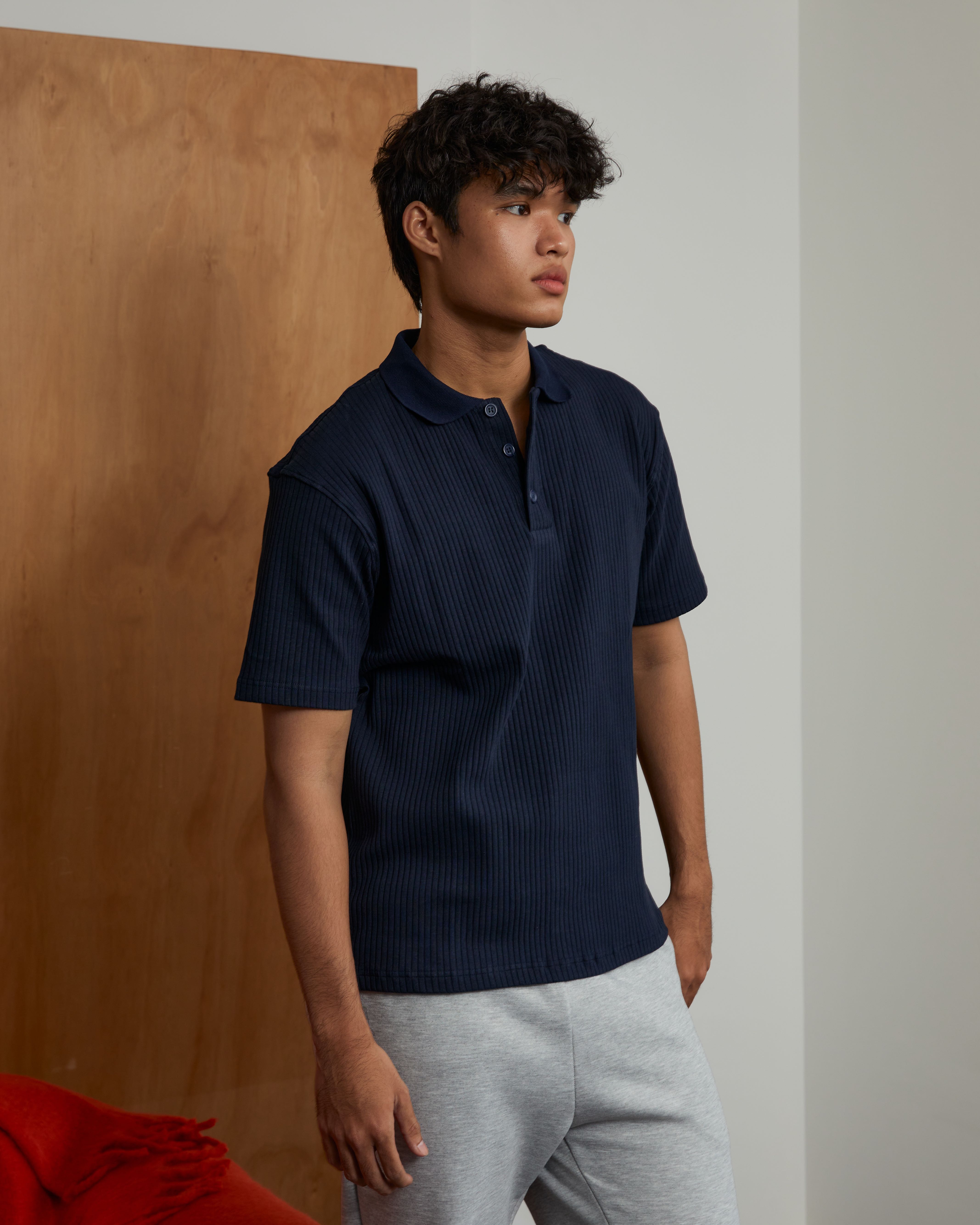 Luke Ribbed Polo Shirt - Navy Blue