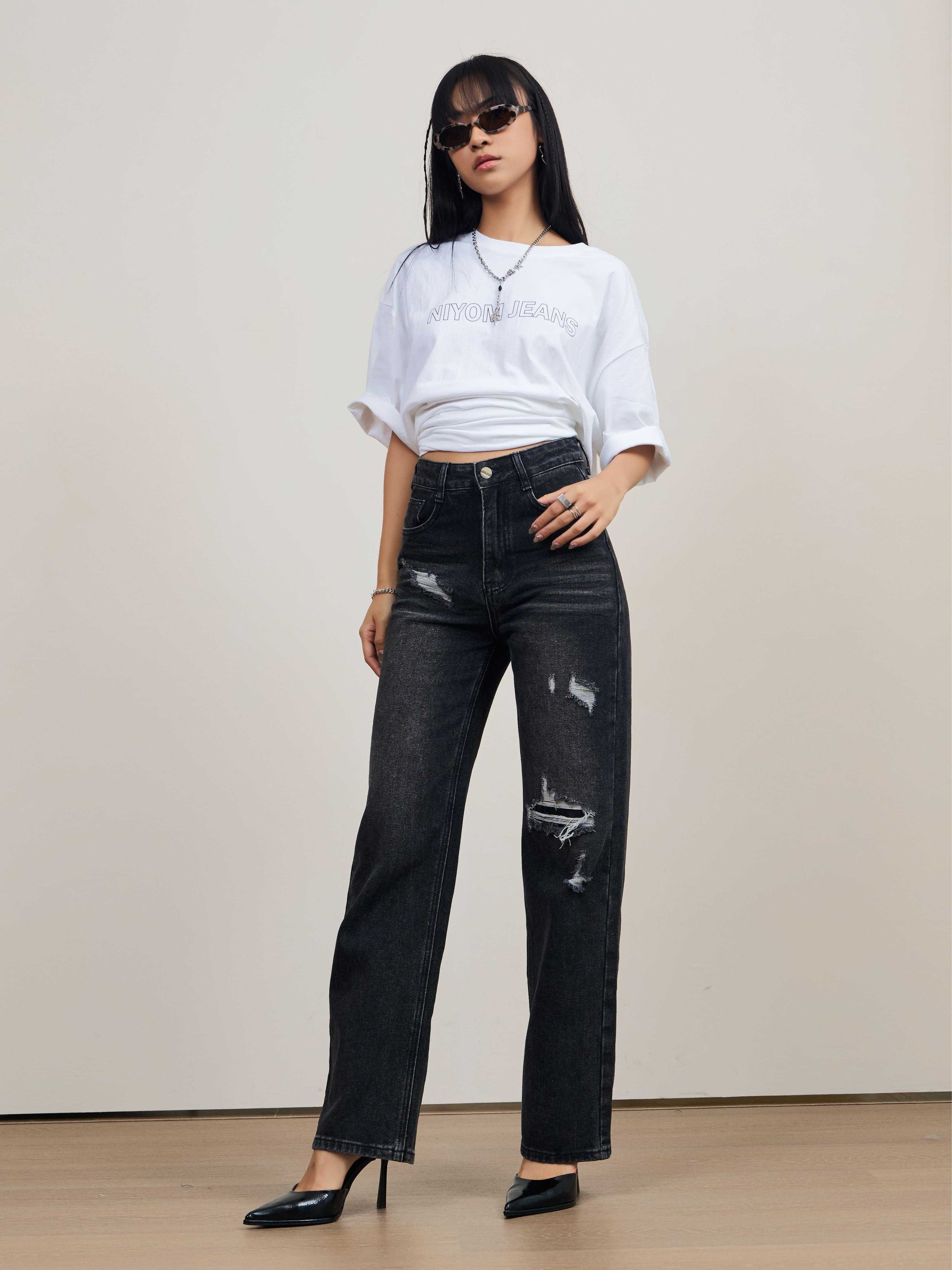 Niyom Jeans  :  รุ่น B292-2 กางเกงผู้หญิง ทรงกระบอกสีดำ แต่งขาด