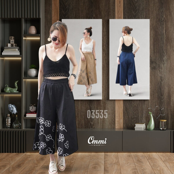 Ommishop 03535 กางเกงแฟชั่น เนื้อผ้าเวสปอร์ย ทรงกระโปรงกางเกงขาสามส่วนบาน (PUP)