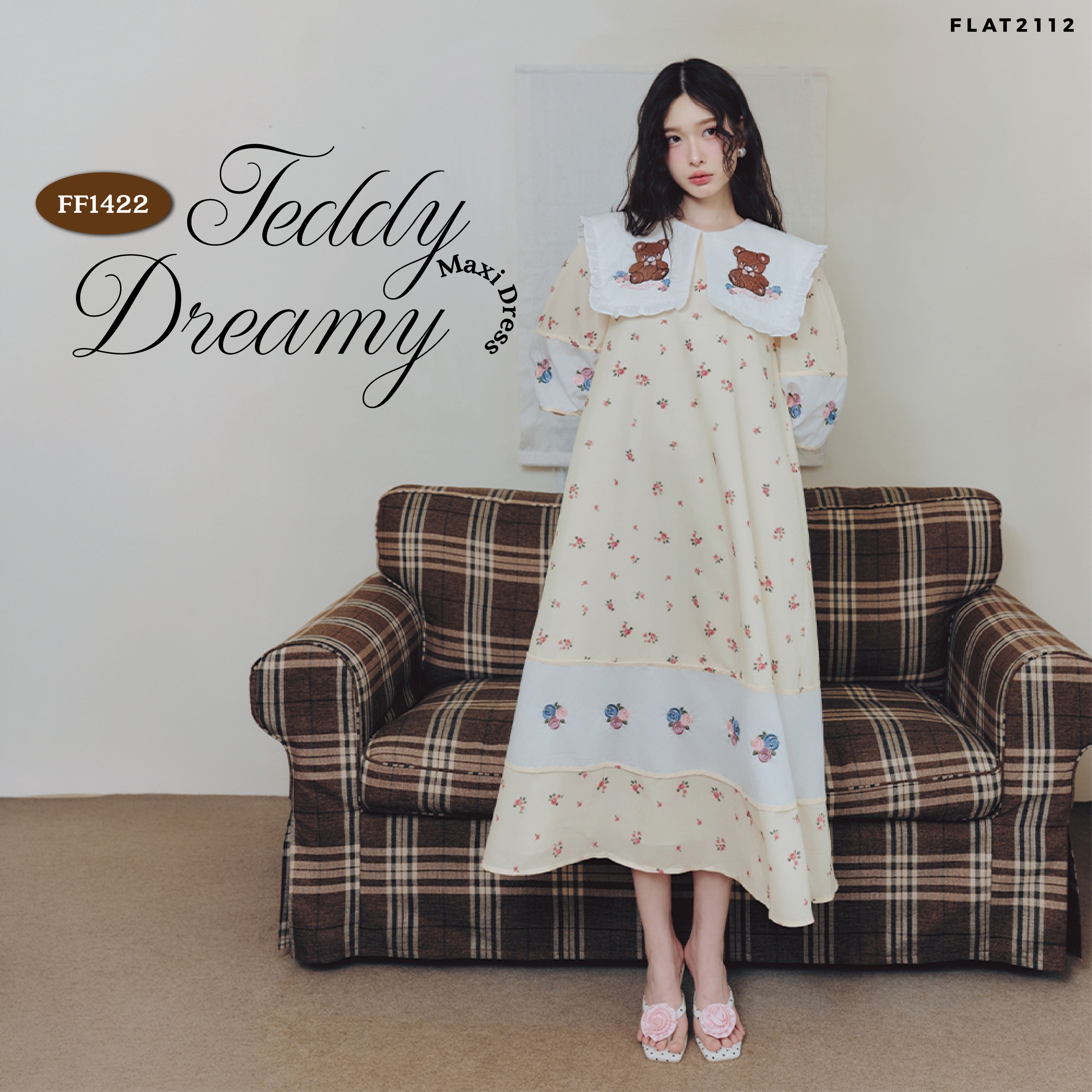 FLAT2112 : TEDDY DREAMY MAXI DRESS  เดรสยาวสีครีมลายดอก ปกใหญ่ปักหมี สไตล์วินเทจทรงปล่อย (FF1422)