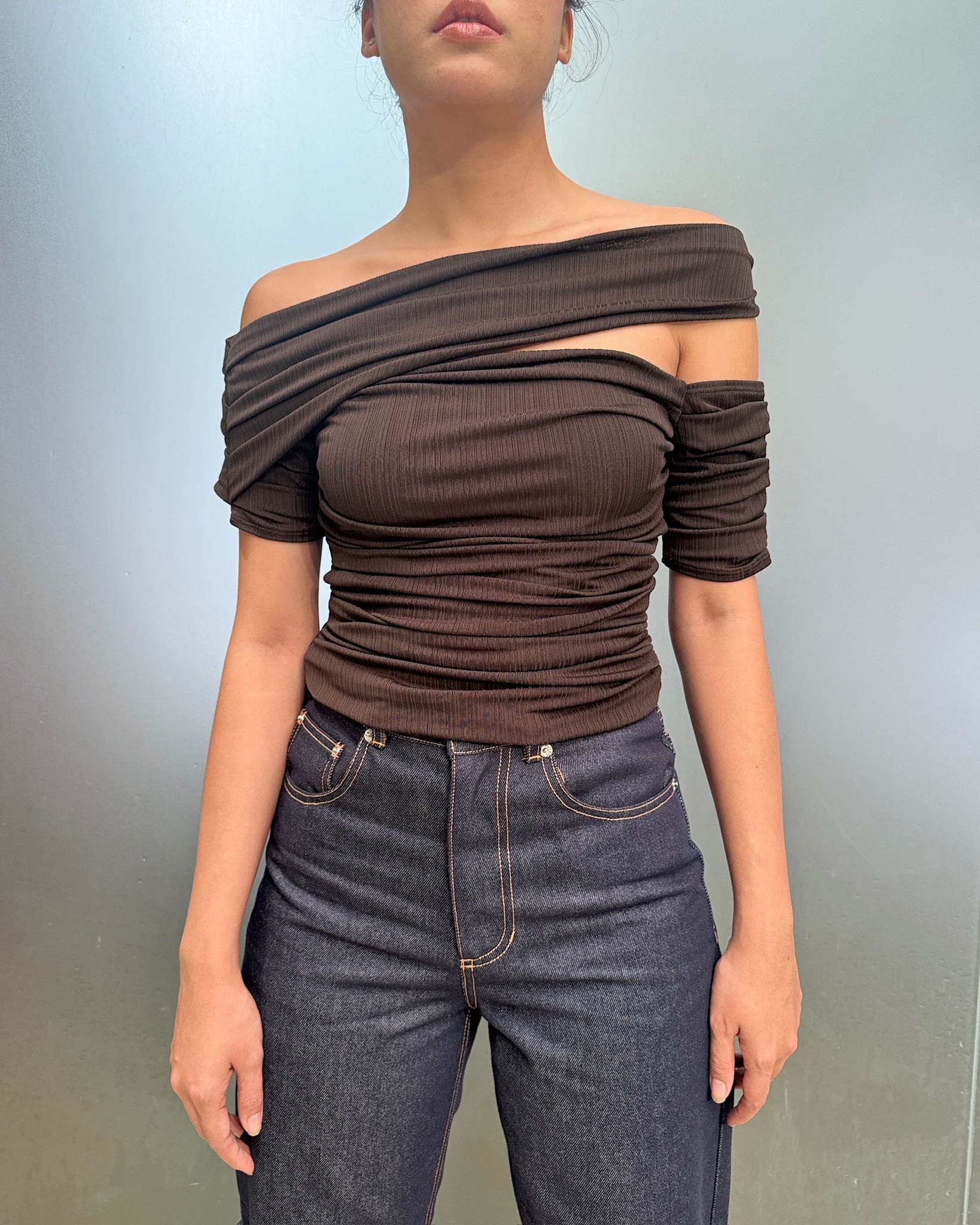 LEJE ASYMMETRIC RUCHED TOP - BROWN