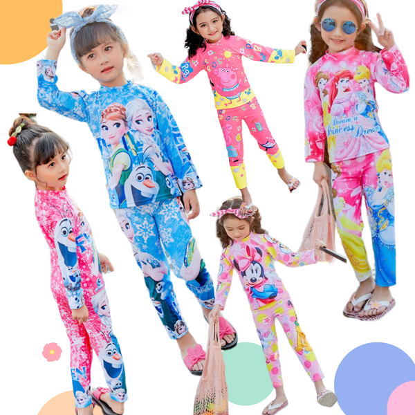 พร้อมส่ง ชุดว่ายน้ำ เซ็ตเสื้อแขนยาว+กางเกงขายาว ลายการ์ตูน