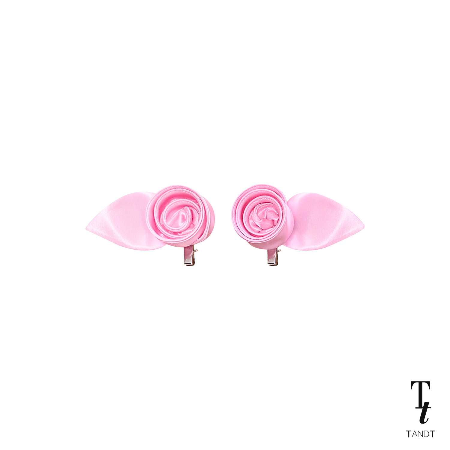 TandT - BABY ROSE PINK - SET OF TWO TINY ROSE AND LEAF HAND-CRAFTED SATIN HAIRCLIP