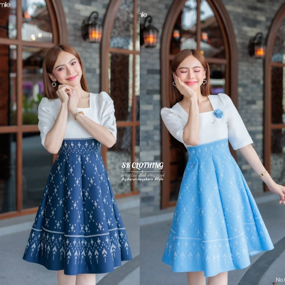 ชุดเดรสผ้าทอลาย กระโปรงบาน 8 ชิ้น คอเหลี่ยม แขนเสื้อยาวถึงศอก งานเรียบร้อย สวมใส่ได้ทุกโอกาส