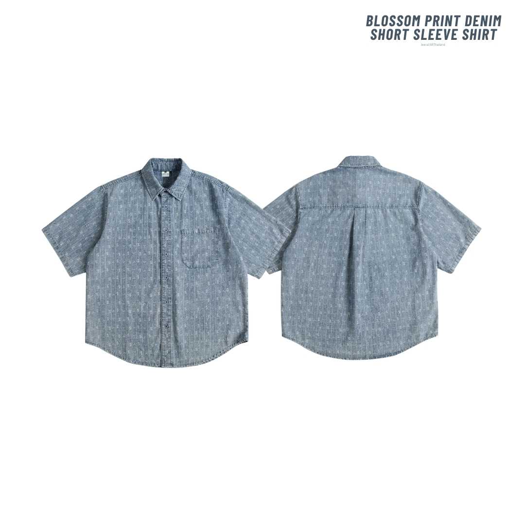 Jeera168 | Blossom print denim short sleeve shirt (พรีออเดอร์)