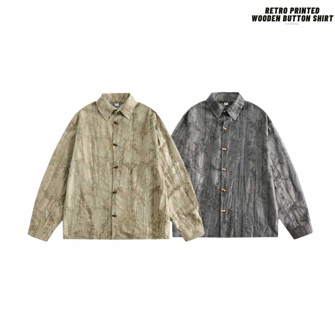 Jeera168 | Retro Printed Wooden Button Shirt (พรีออเดอร์)