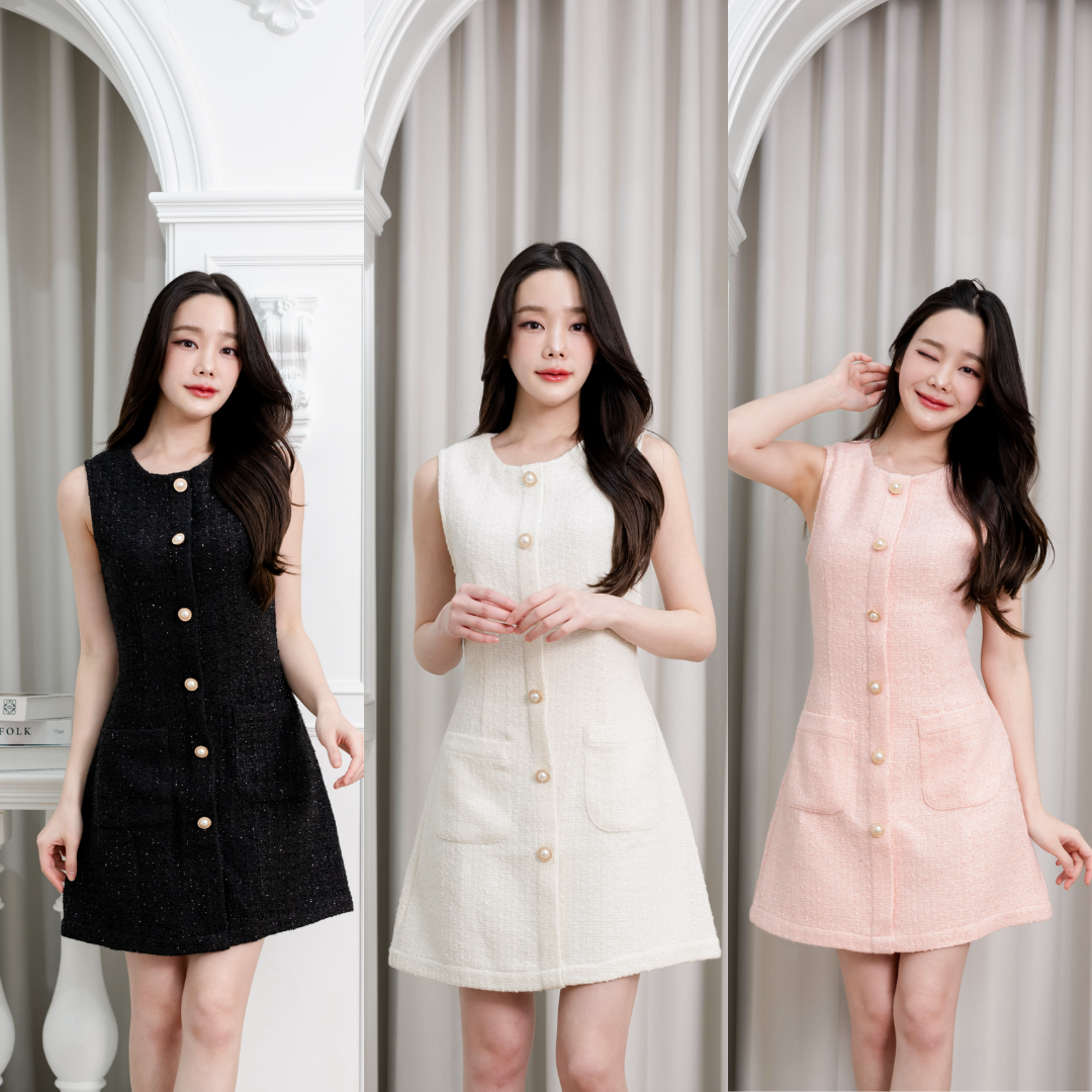 Pirunya - Tweed Dress 04 มินิเดรส เดรสสั้น ผ้าทวีตกลิตเตอร์ คอกลม แขนกุด กระดุมมุก