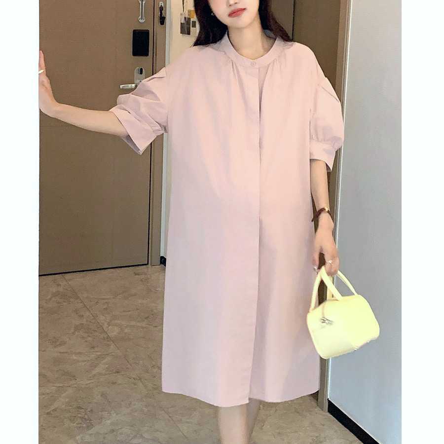 (ไซส์ใหญ่) เดรสเชิ้ตทรง oversize แบบเรียบเก๋โทนสีพาสเทลสวยหรูดูดีน่าใส่มากๆไม่บางค่ะ - สีชมพูตุ่น