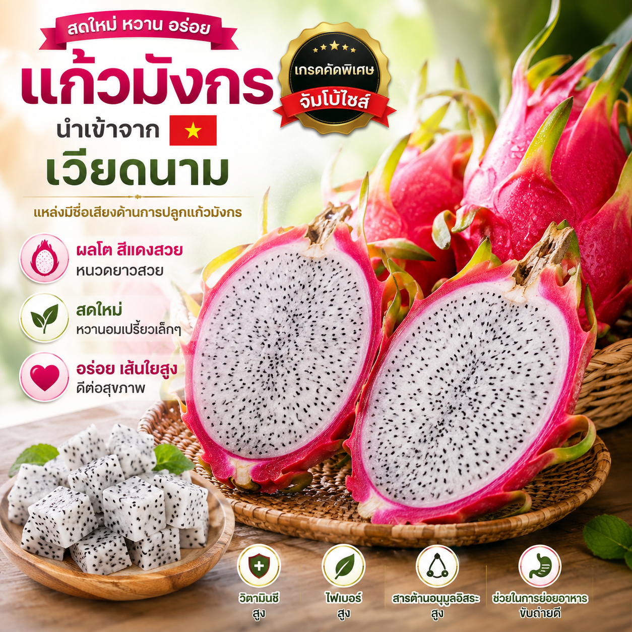 แก้วมังกรเวียดนาม เนื้อขาว จัมโบ้ 