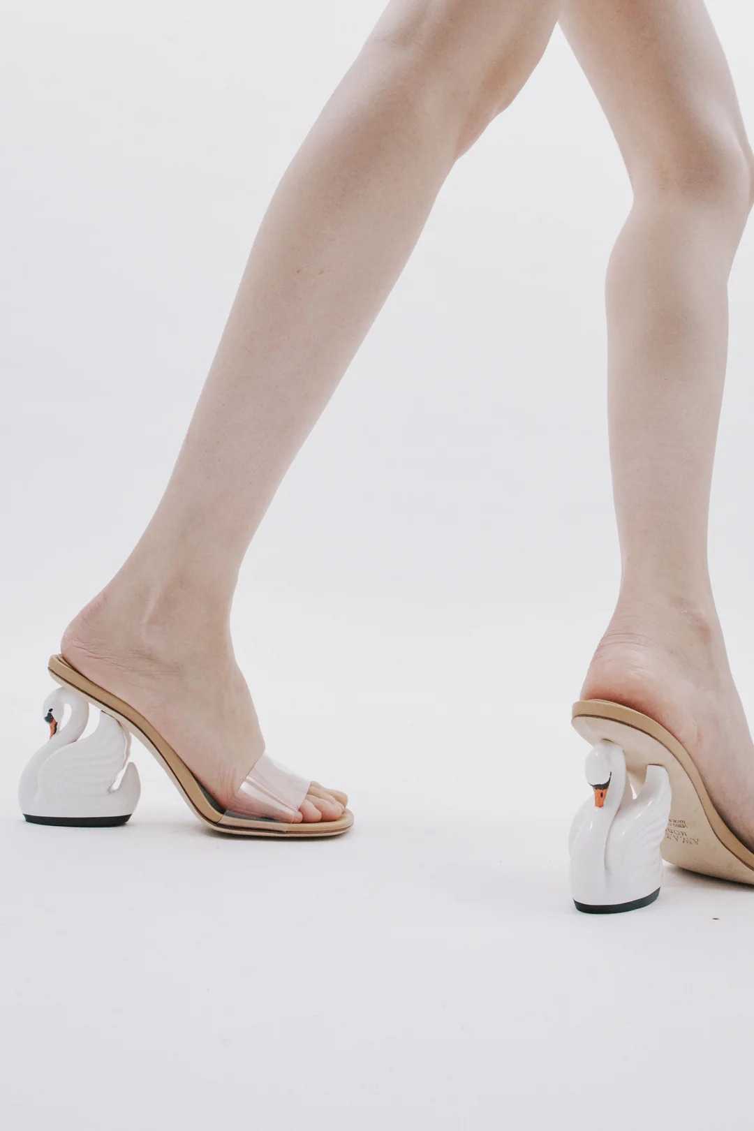 A.W.A.K.E. Faye Mule with Swan Heel with Painted Swan Face - Transparent
