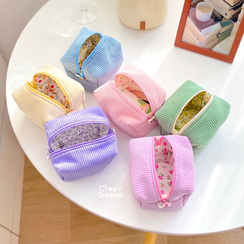 Candy pouch🍒กระเป๋าผ้าสีสดใส•ซับในลายดอกไม้ (CB46)