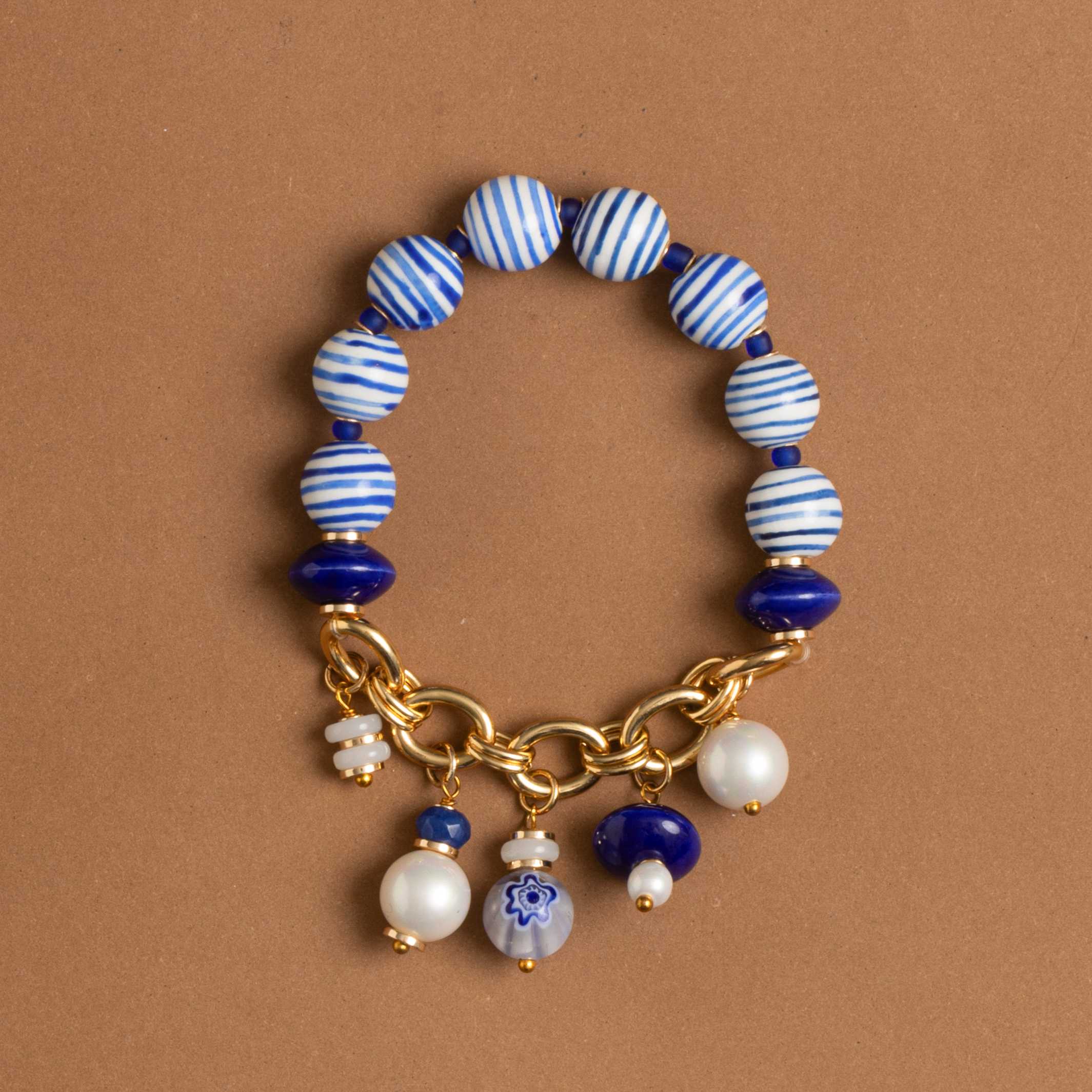 BLUE WHITE BEAD CHARM BRACELET