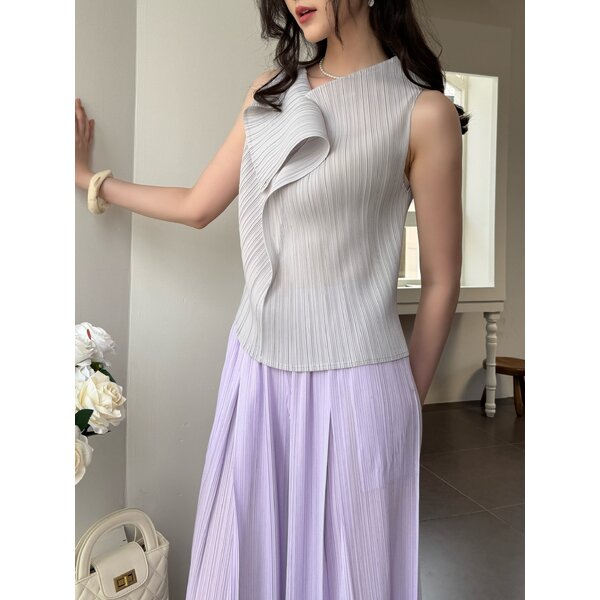2MUAY GJO1831 เสื้อพลีทคุณภาพ SLEEVELESS BUTTON SIDE WRAP PLEATED TOP 12 สี FREE SIZE
