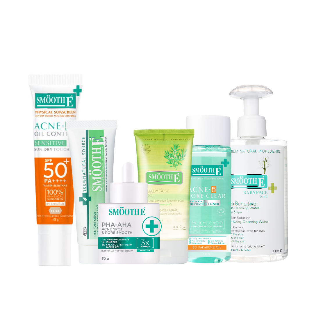 (รับ 2 สิทธิ์ร่วมกิจกรรม) เซ็ตเคลียร์สิวอย่างอ่อนโยน Smooth E All-in-One Sensitive Treatment Set