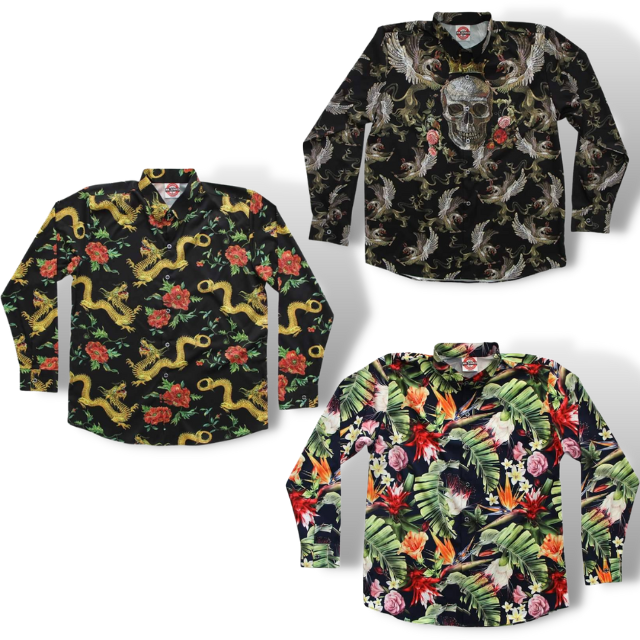 เสื้อเชิ้ตแขนยาวปกเชิ้ตลายแฟชั่น ผ้าPremium Grade ต่อลายเป๊ะพิมพ์เต็มหน้าหลัง ส่งฟรี