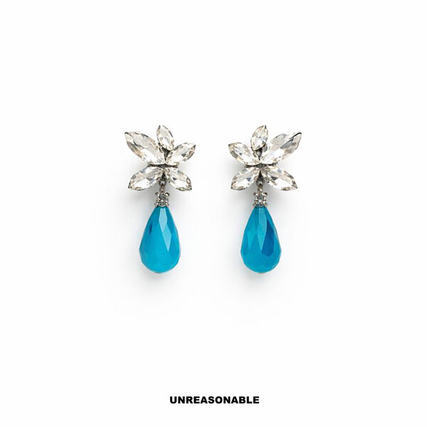 Crystal Aqua Drop Earrings. สีฟ้า ต่างหูคลิป ต่างหูก้านเงินแท้ น้ำหนักเบา สวยใส่สบาย UA0442-02 Un...