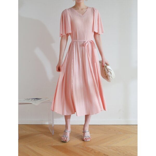 2MUAY รุ่น GJO3653 เดรสผู้หญิง เดรสพลีทคุณภาพ 10สี FREE SIZE V NECK FLARE SLEEVE PLEATED DRESS