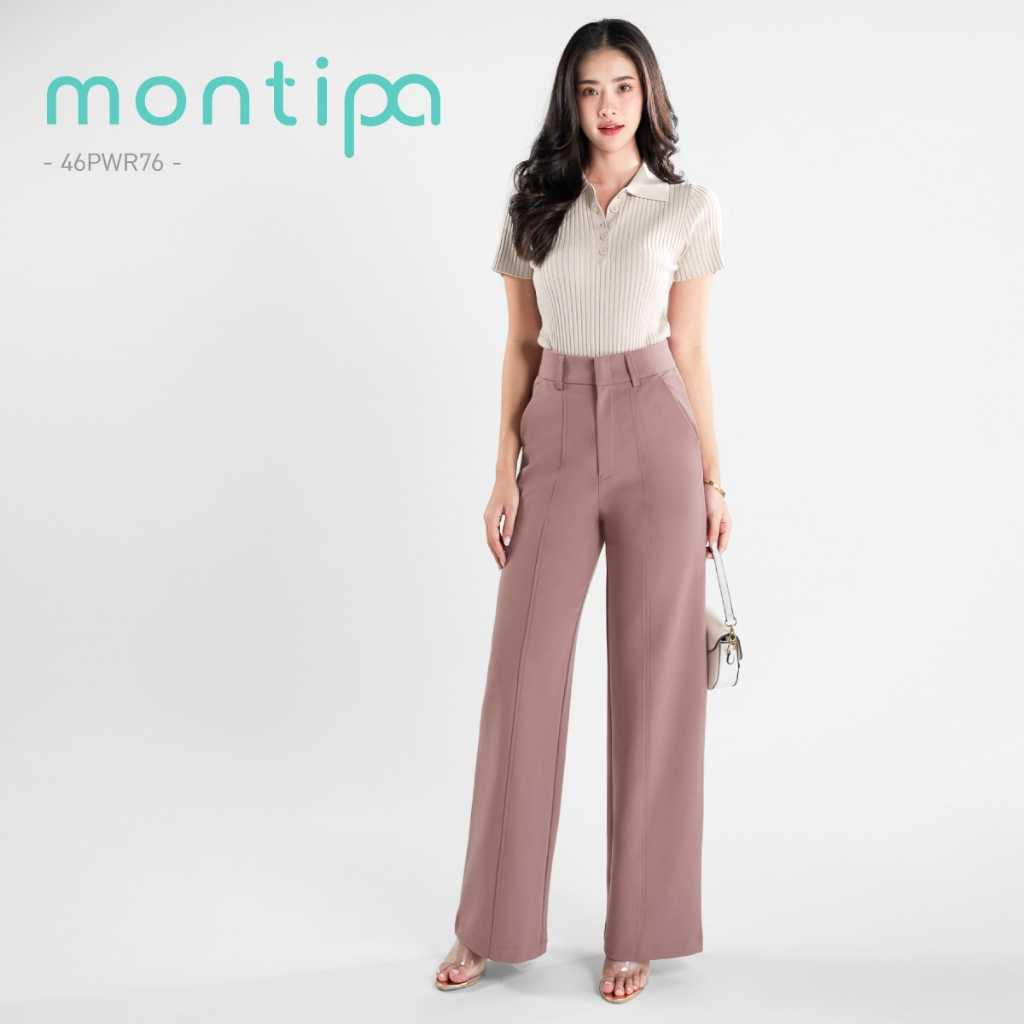 Montipa กางเกงเอวสูงทรงกระบอกกลาง ดีเทลตีเกล็ดด้านหน้า ผ้า Span D 46PWR76