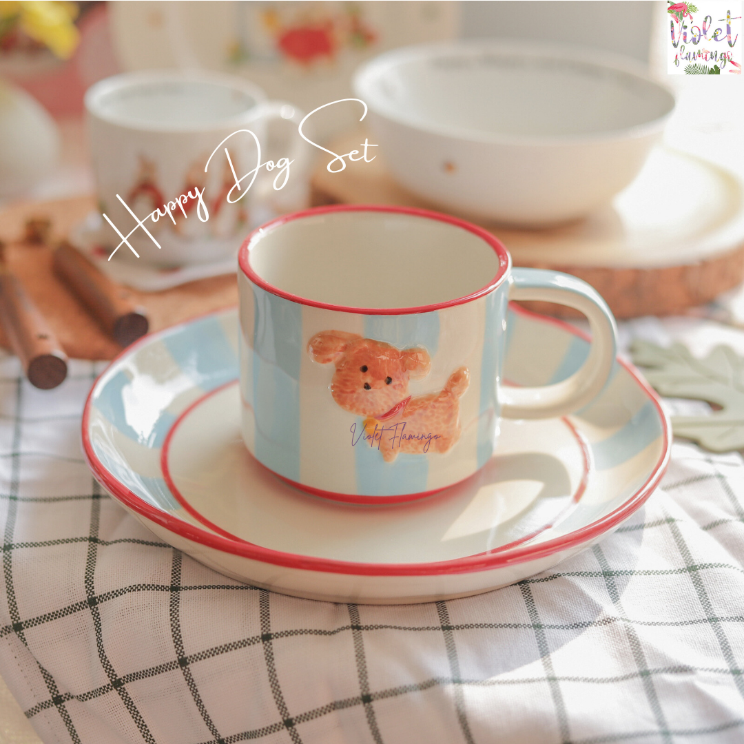 Happy Dog Set เซ็ตแก้วมัคพร้อมจานขนมขนาด 22 cm. แก้ว 350ML วัสดุเป็นเซรามิค มีกล่องของขวัญ