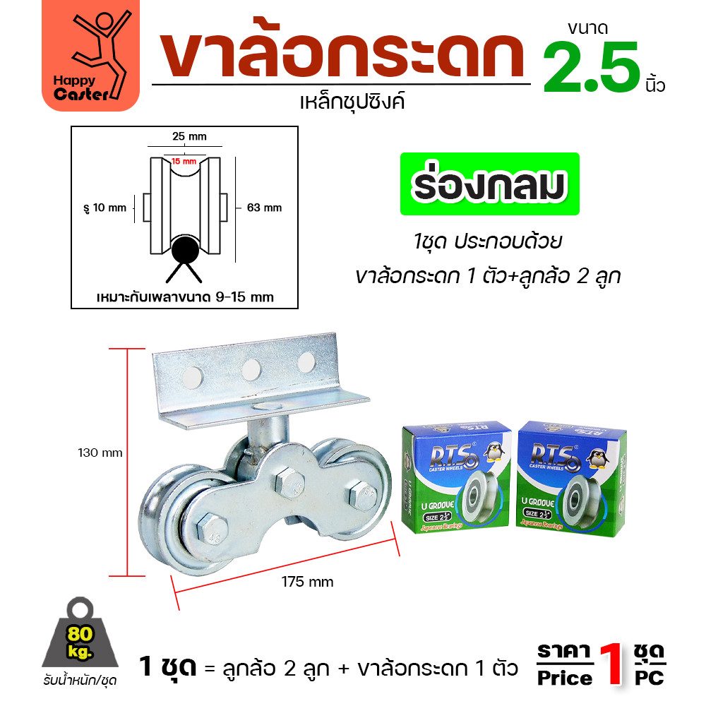 RTS ชุดล้อกระดก ขนาด 2-1/2″ ร่องกลม มีของพร้อมส่ง  สำหรับประตูบ้าน ประตูโรงงาน