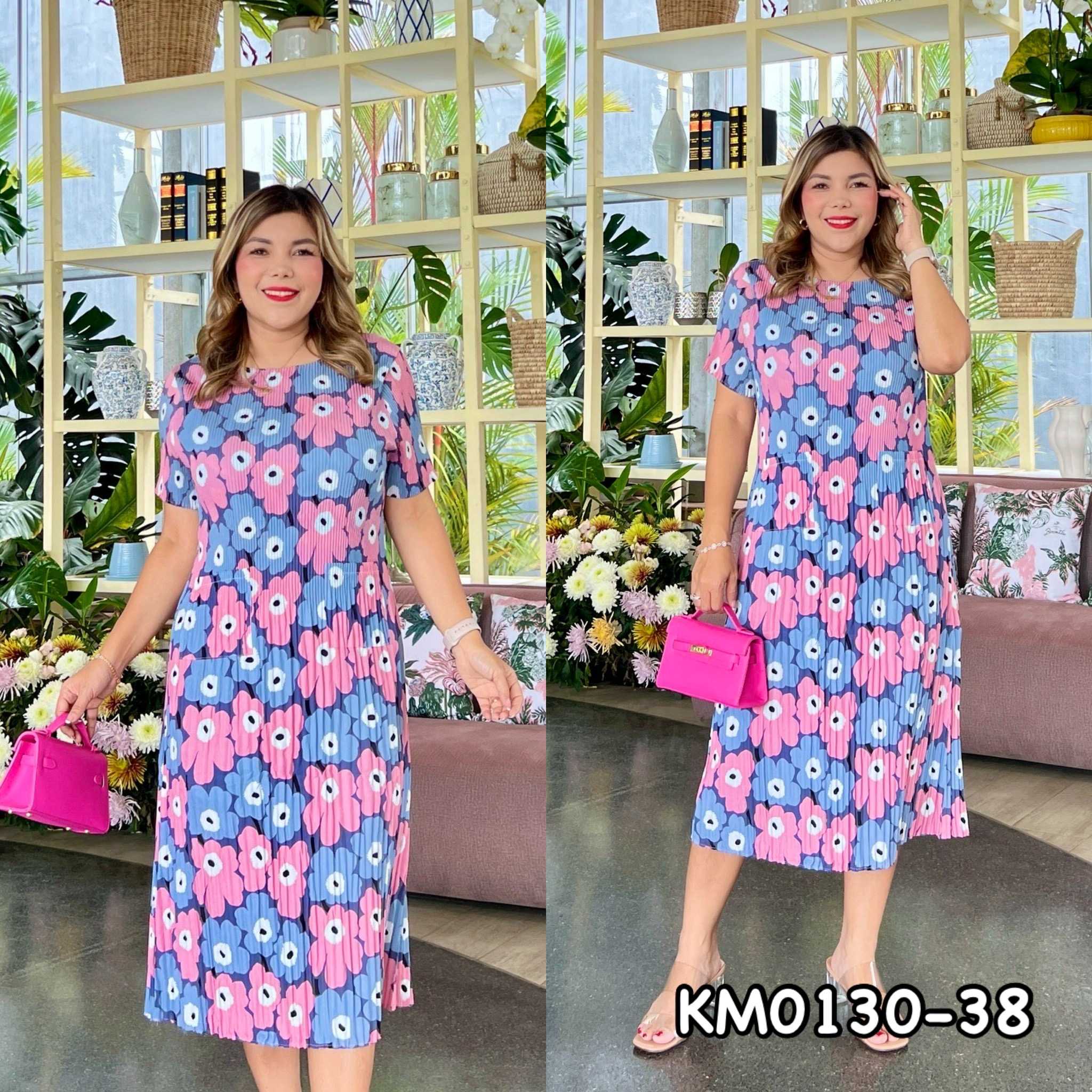 Miafashion (KM0130)​ เดรสอัดพลีทCV แขนสั้น